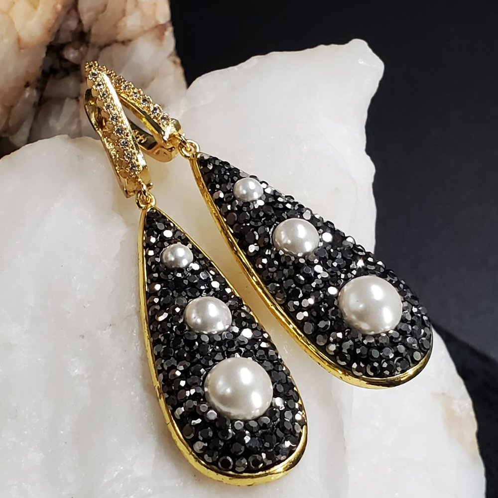 Gold Plated Earrings with Pearls Crystals European Hoops White Topaz Pave